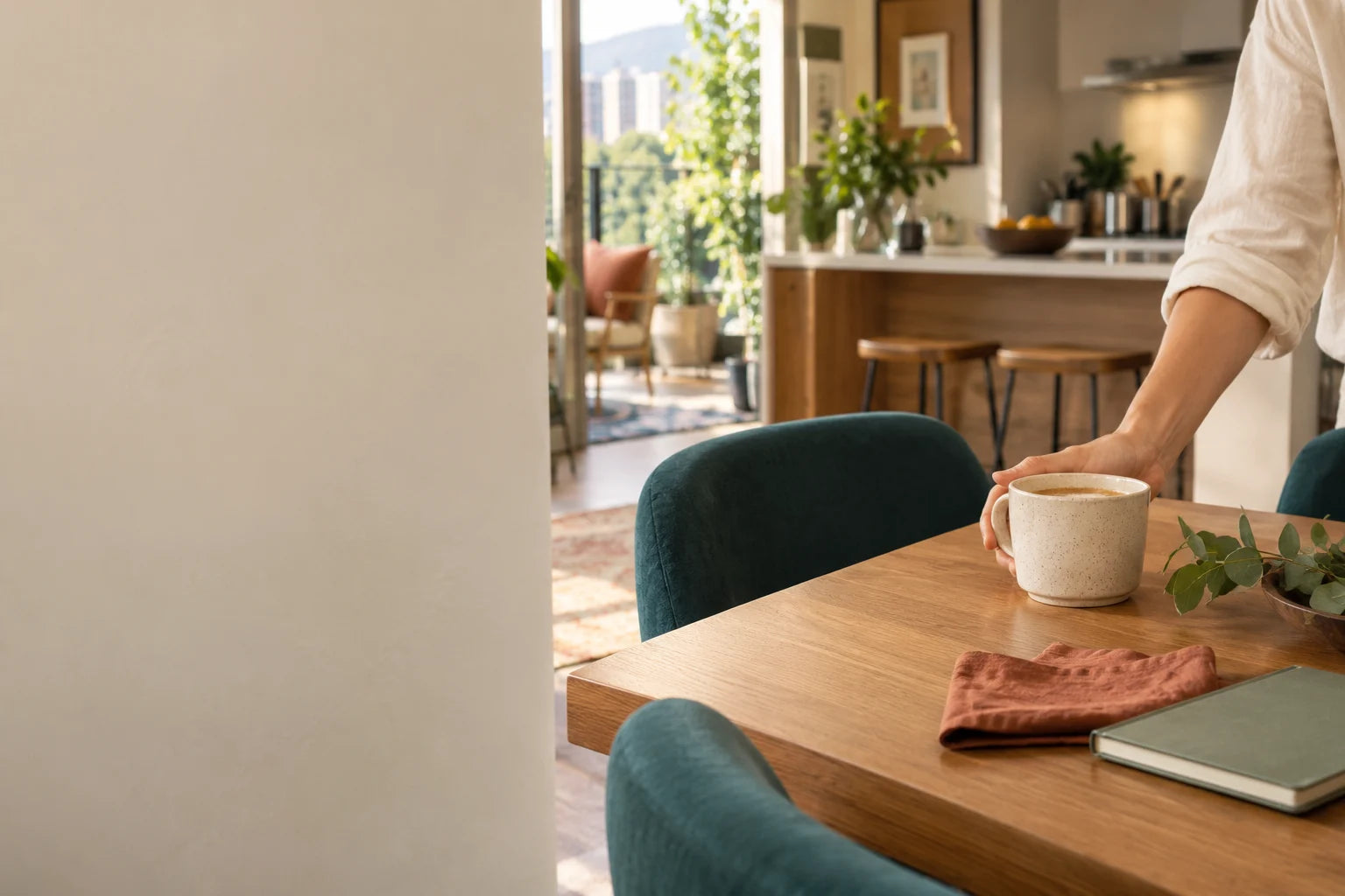 Una taza de café sobre la mesa, luz de mañana y una pausa en casa.